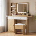Vanity Desk with Mirror and Lights, Pink Makeup Vanity with Charging Station, Dressing Table Set with Storage Chair, Drawer Shelves, and Foldable Panel for Compact Space Bedroom (Nature Wood)