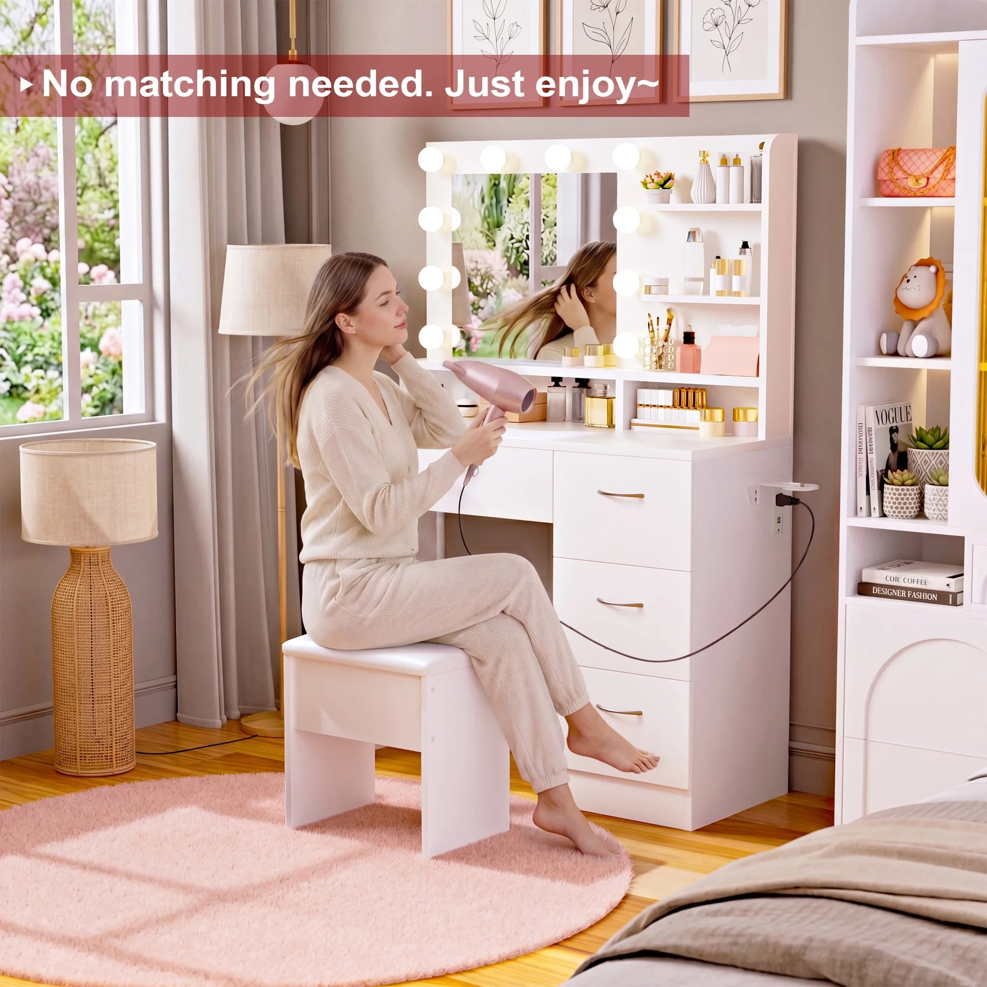 Elegant White Makeup Vanity Set with Lighted Mirror & Stool - Perfect Bedroom Gift with 5 Shelves, 4 Drawers, Power Outlet & Hairdryer Holder
