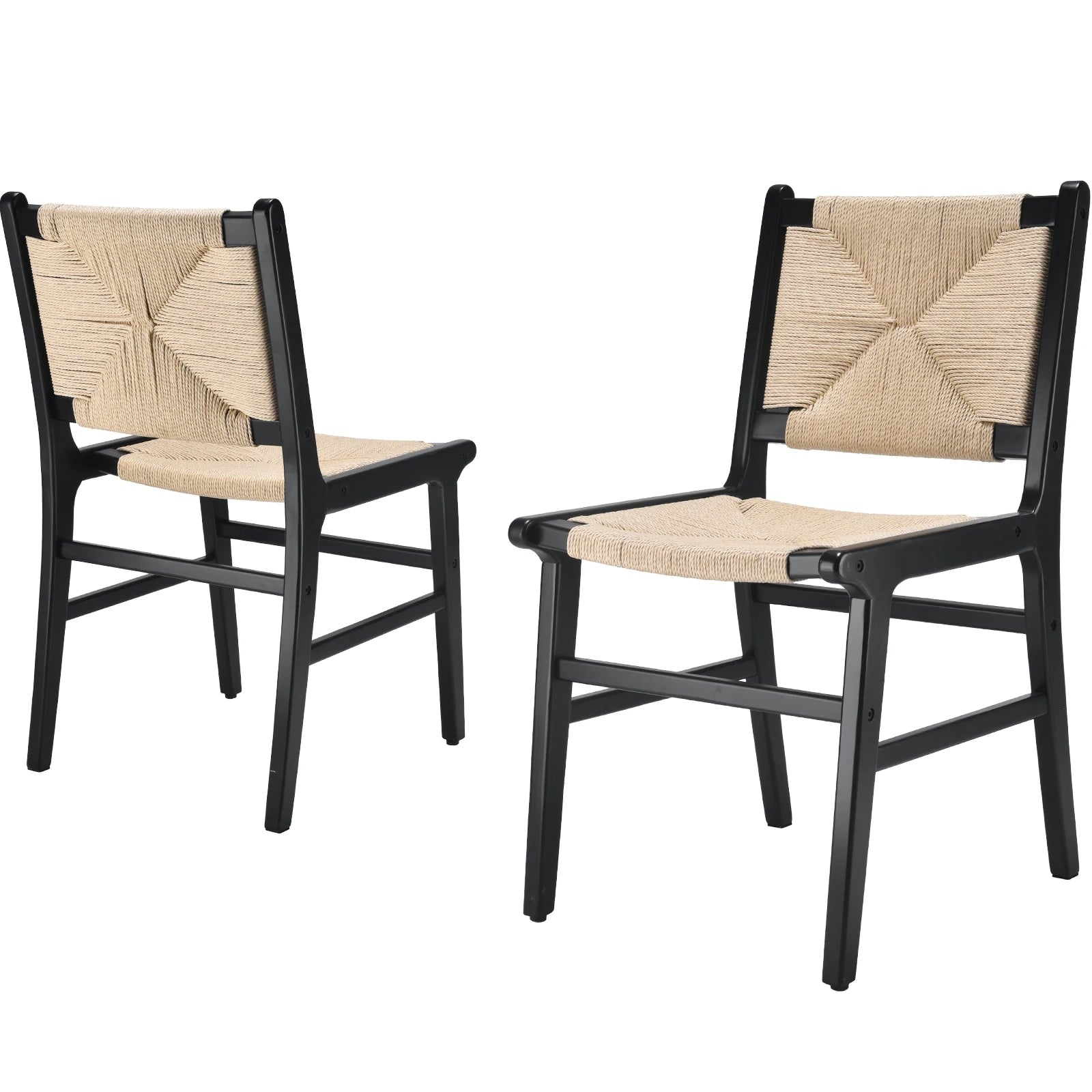 Stylish Set of 2 Natural Wood Frame Cream Rope Dining Chairs 