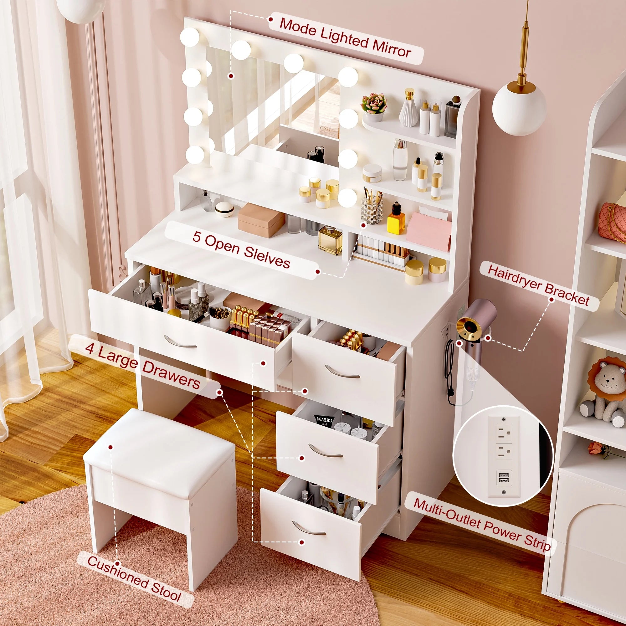 Elegant White Makeup Vanity Set with Lighted Mirror & Stool - Perfect Bedroom Gift with 5 Shelves, 4 Drawers, Power Outlet & Hairdryer Holder
