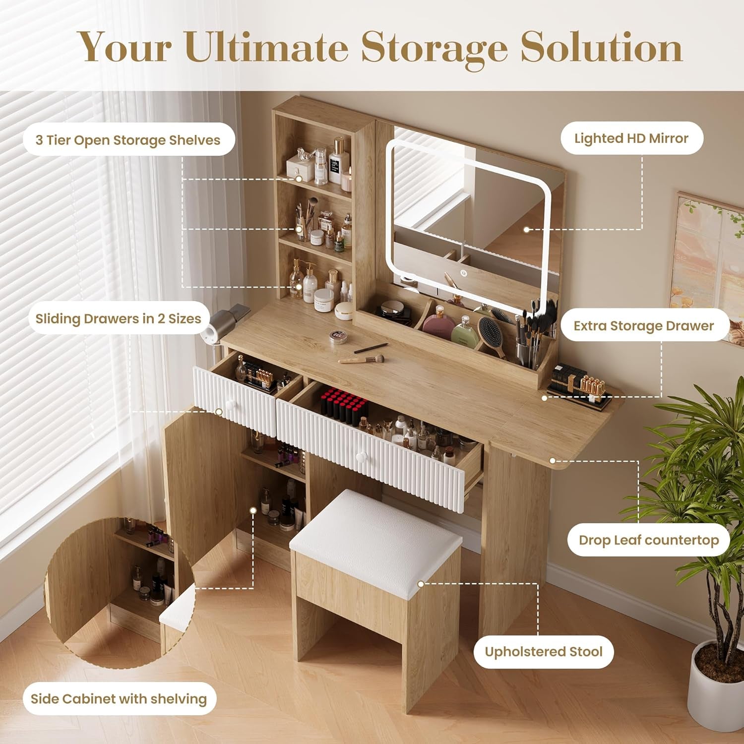 Vanity Desk with Mirror and Lights, Pink Makeup Vanity with Charging Station, Dressing Table Set with Storage Chair, Drawer Shelves, and Foldable Panel for Compact Space Bedroom (Nature Wood)