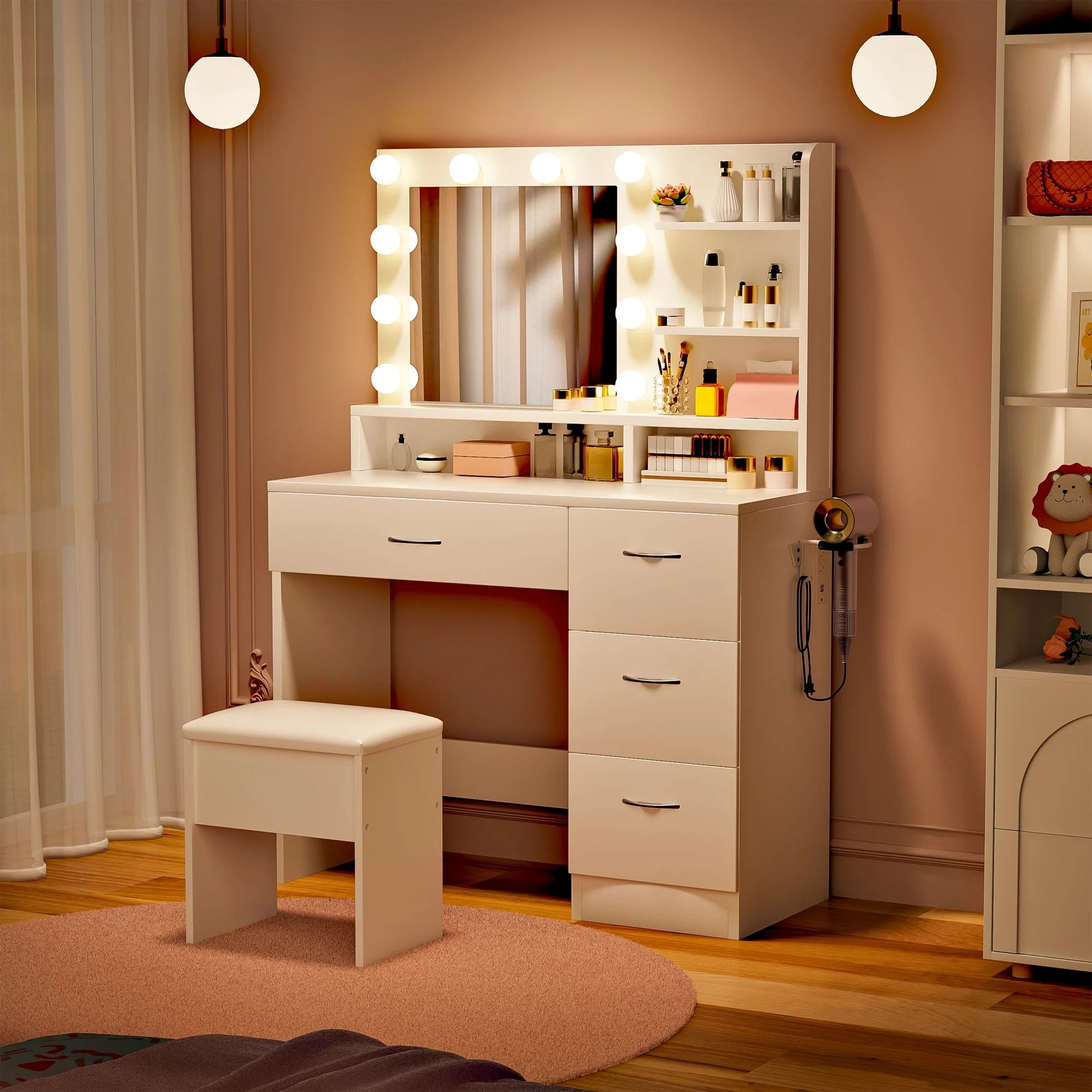 Elegant White Makeup Vanity Set with Lighted Mirror & Stool - Perfect Bedroom Gift with 5 Shelves, 4 Drawers, Power Outlet & Hairdryer Holder