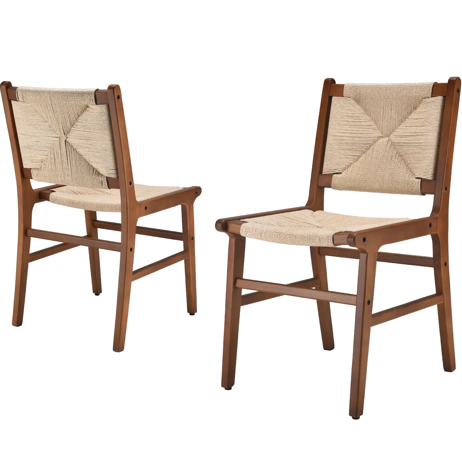 Stylish Set of 2 Natural Wood Frame Cream Rope Dining Chairs 