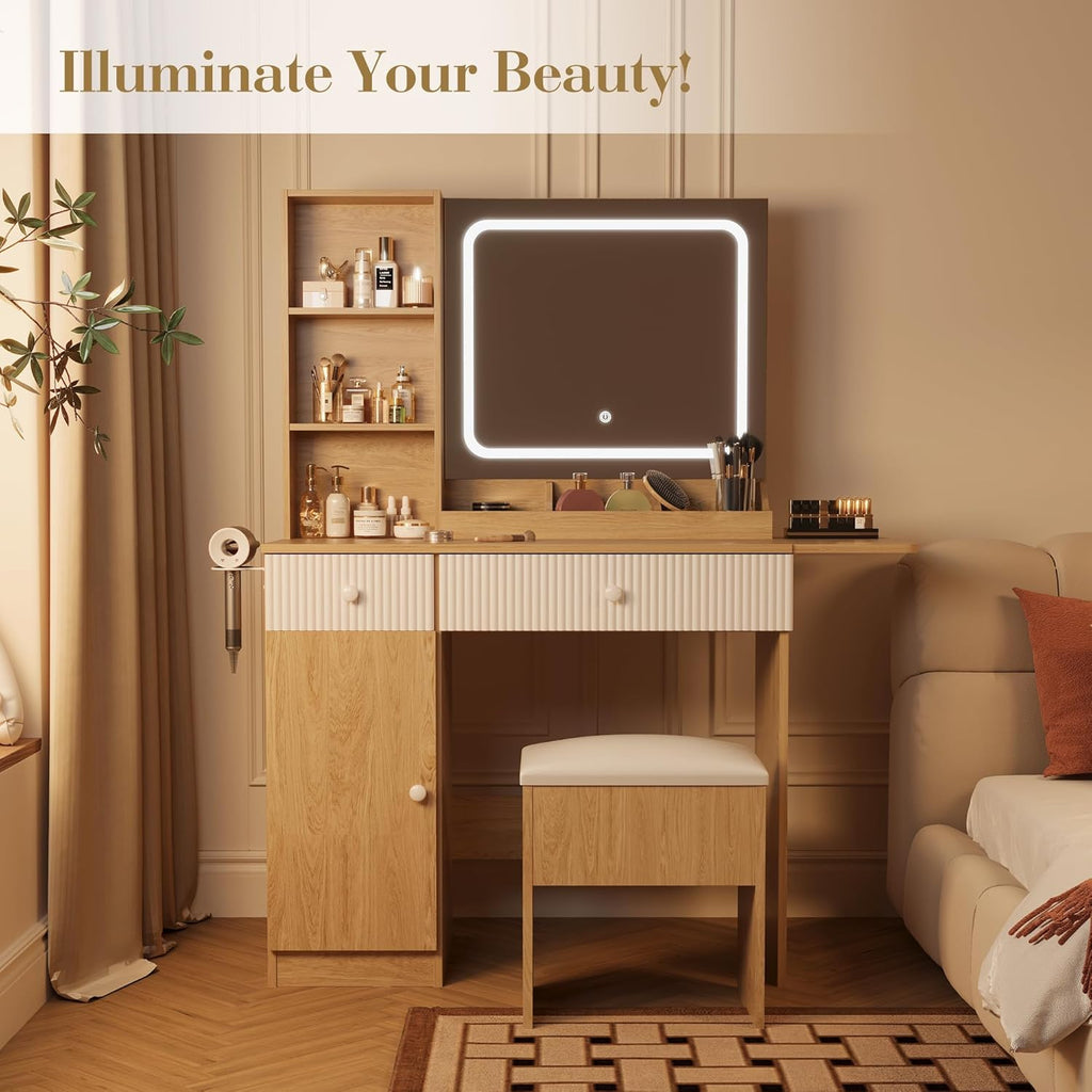 Vanity Desk with Mirror and Lights, Pink Makeup Vanity with Charging Station, Dressing Table Set with Storage Chair, Drawer Shelves, and Foldable Panel for Compact Space Bedroom (Nature Wood)