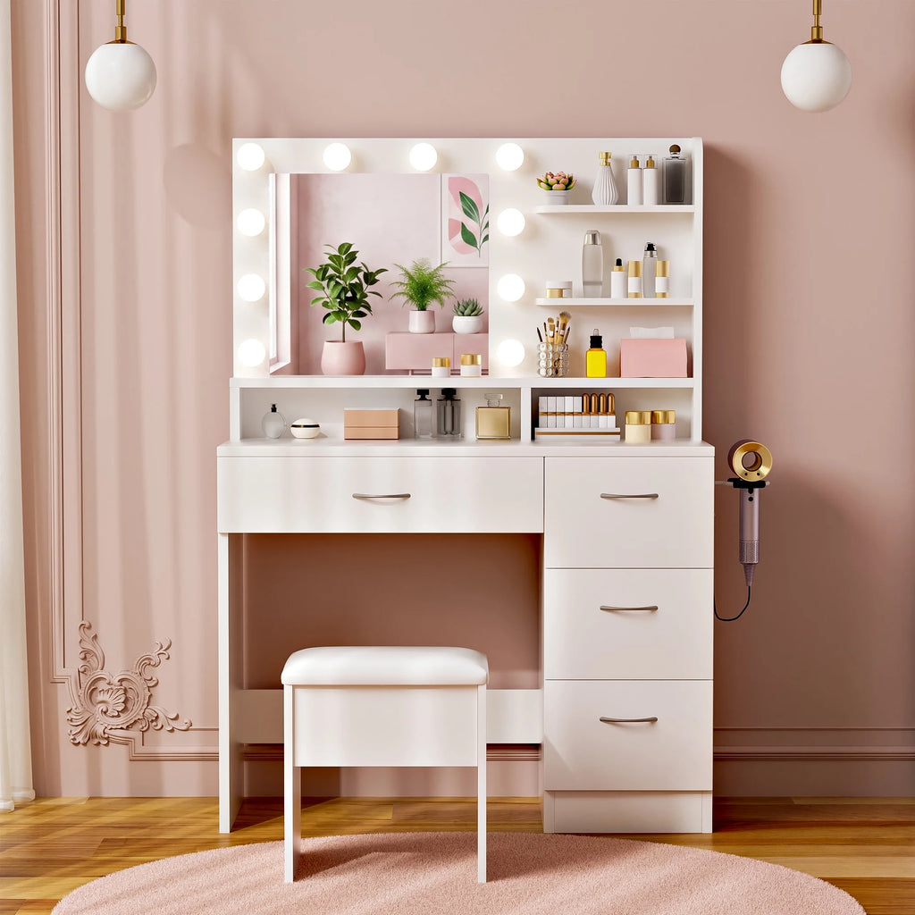 Elegant White Makeup Vanity Set with Lighted Mirror & Stool - Perfect Bedroom Gift with 5 Shelves, 4 Drawers, Power Outlet & Hairdryer Holder