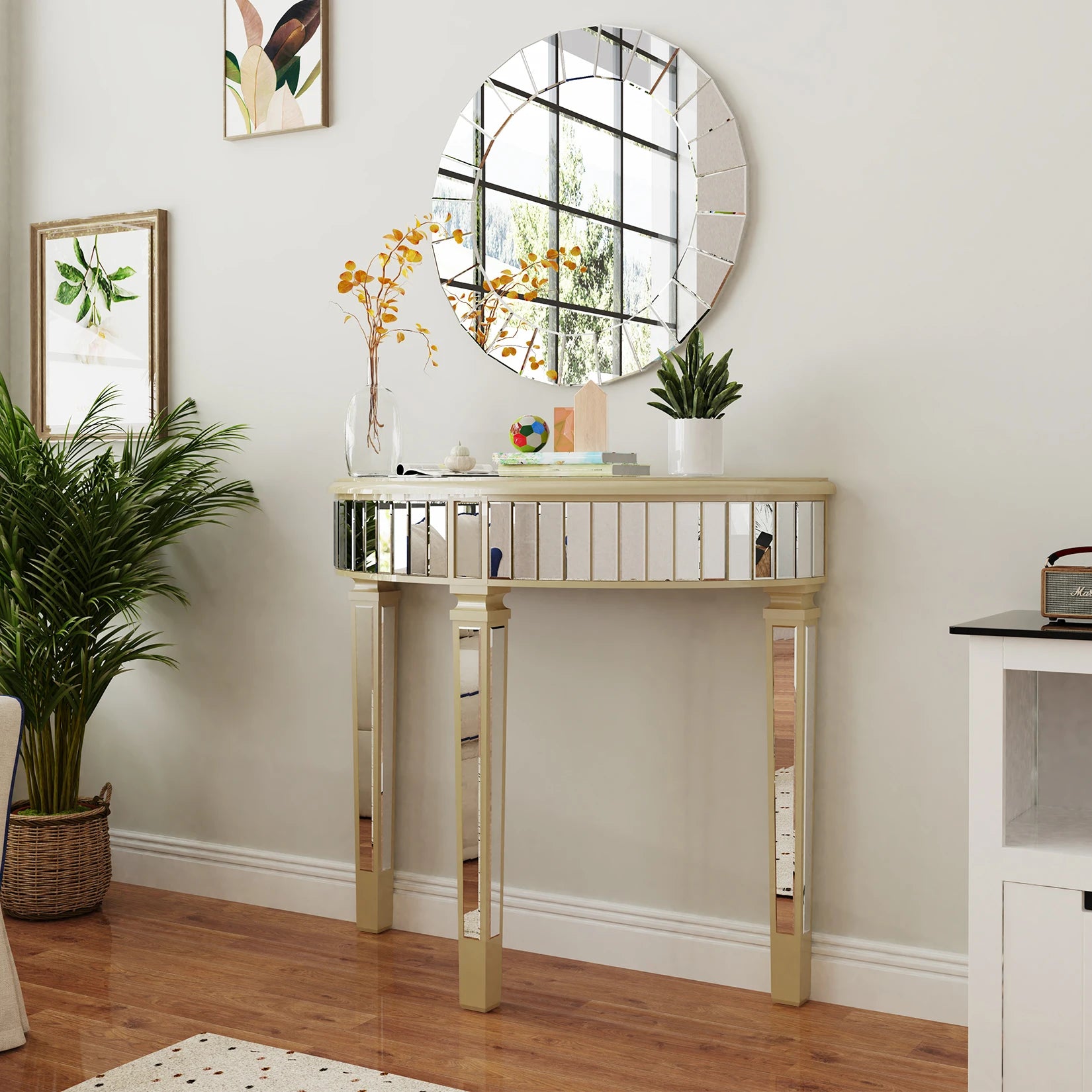 Half Moon Console Table Modern Silver Mirrored Living Room Console Entryway Table