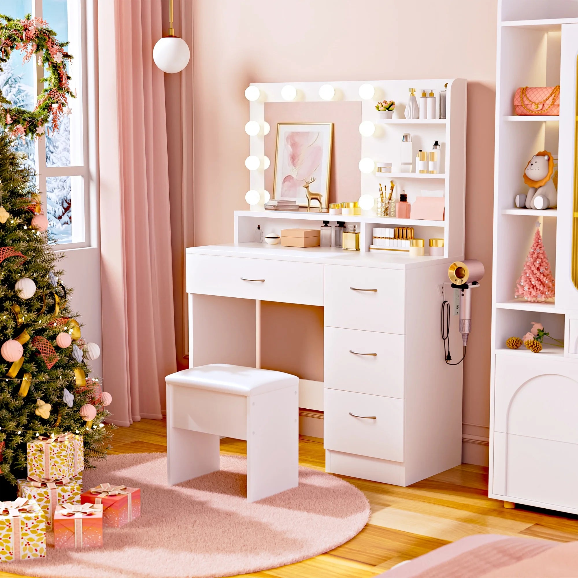 Elegant White Makeup Vanity Set with Lighted Mirror & Stool - Perfect Bedroom Gift with 5 Shelves, 4 Drawers, Power Outlet & Hairdryer Holder