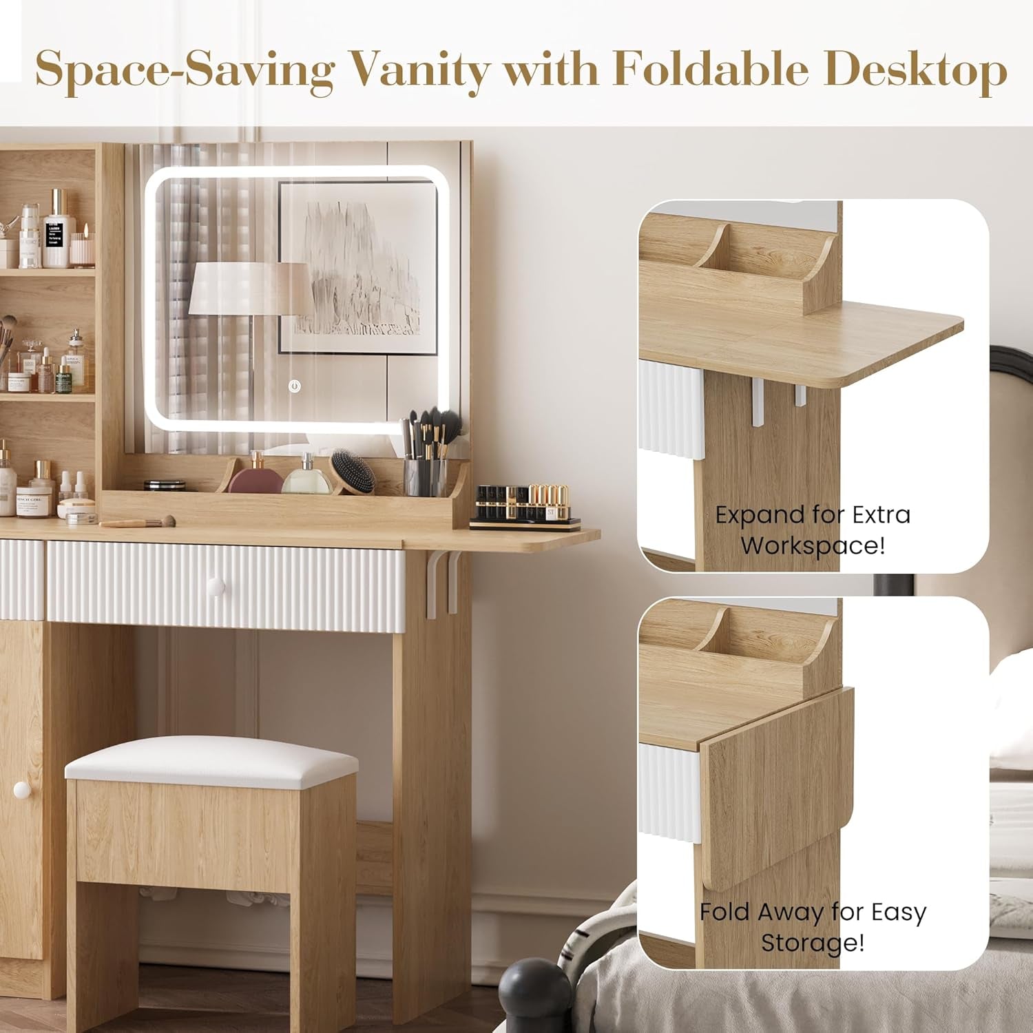 Vanity Desk with Mirror and Lights, Pink Makeup Vanity with Charging Station, Dressing Table Set with Storage Chair, Drawer Shelves, and Foldable Panel for Compact Space Bedroom (Nature Wood)