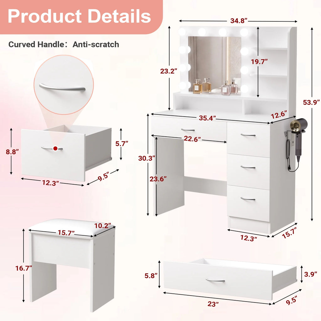 Elegant White Makeup Vanity Set with Lighted Mirror & Stool - Perfect Bedroom Gift with 5 Shelves, 4 Drawers, Power Outlet & Hairdryer Holder
