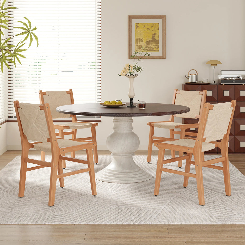 Stylish Set of 2 Natural Wood Frame Cream Rope Dining Chairs 