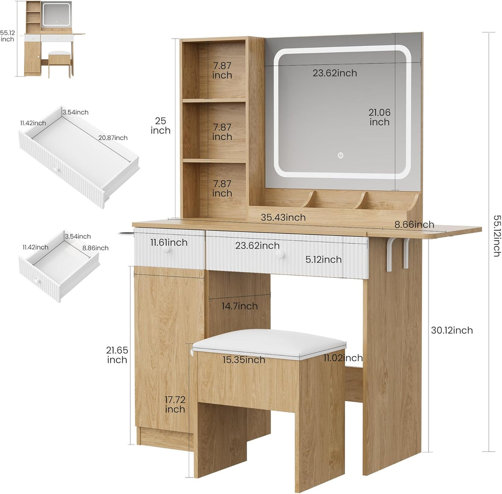 Vanity Desk with Mirror and Lights, Pink Makeup Vanity with Charging Station, Dressing Table Set with Storage Chair, Drawer Shelves, and Foldable Panel for Compact Space Bedroom (Nature Wood)